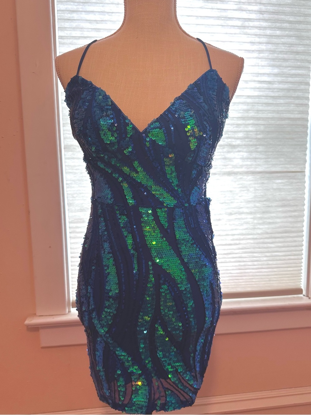 Windsor Blue-Green Sequin Spaghetti Strap Bodycon Dress